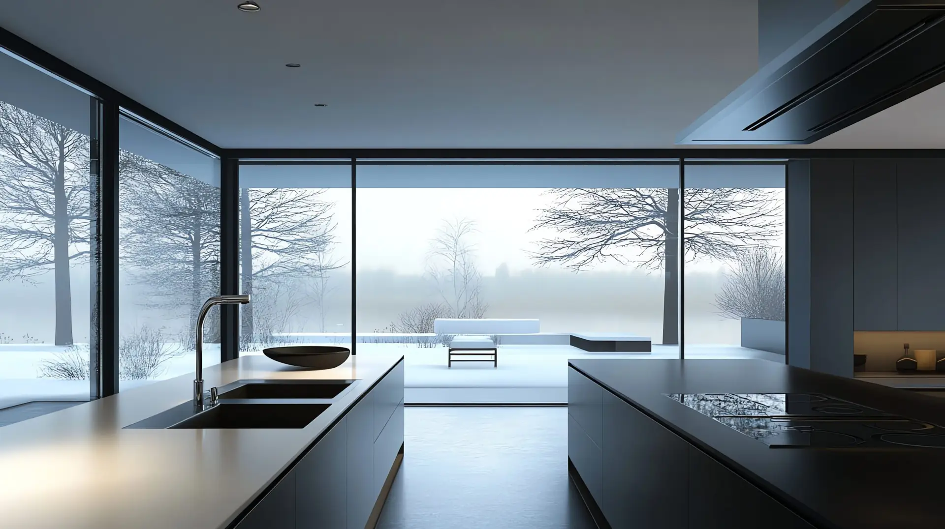 A modern kitchen with sleek black cabinets, a white countertop, and a large window overlooking a snowy landscape.